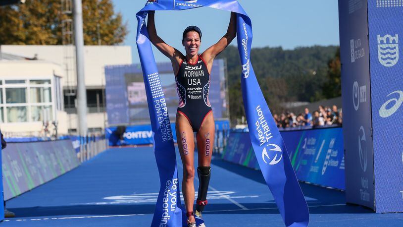 Jamestown native Grace Norman won the 2023 World Triathlon Para Championship in the women's PTS5 division on Saturday in Pontevedra, Spain. The win qualified Norman for the 2024 Paralympics in Paris. Photo courtesy of World Triathlon