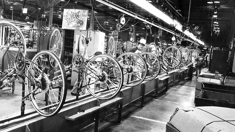 Almost finished bikes on the assembly line at what was Huffy’s Celina, Ohio plant in 1986. FILE