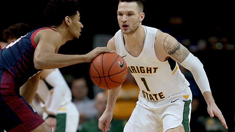 Wright State University forward Bill Wampler covers Detroit Mercy forward Alonde LeGrand during their Horizon League game at the Nutter Center in Fairborn Thursday, Feb. 6, 2020. Wright State won 98-86. Contributed photo by E.L. Hubbard