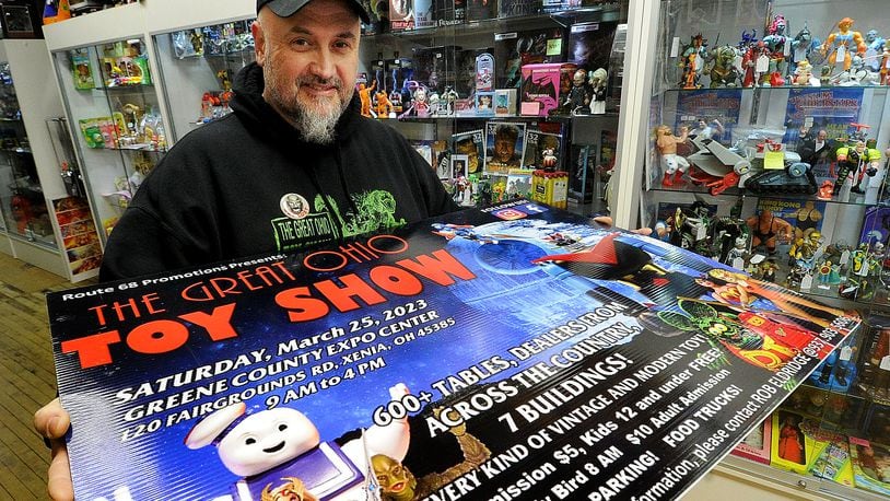 Rob Eldridge, owner of Route 68 Vintage Toys and Collectibles and Route 68 Vintage Toy Mall in Xenia is preparing for the Great Ohio Toy Show at the Greene County Expo Center Saturday, March 25, 2023. MARSHALL GORBY\STAFF