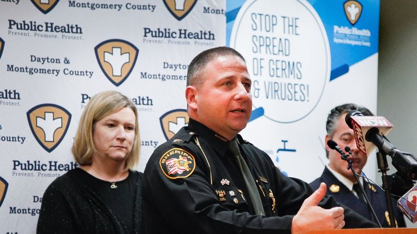 Montgomery County Sheriff Rob Streck talks about the stay-at-home order to prevent the spread of coronavirus during a press conference in March at Public Health - Dayton & Montgomery County. CHRIS STEWART / STAFF