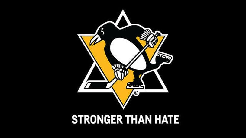 An example of the 'Stronger Than Hate' patches the Pittsburgh Penguins are wearing on their jerseys to honor the victims of the Tree of Life synagogue massacre.