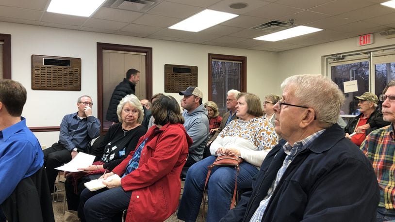 Residents crowded a Clearcreek Twp. meeting Tuesday night where a rezoning sought by Oberer Land Developers was unanimously rejected. STAFF/LAWRENCE BUDD