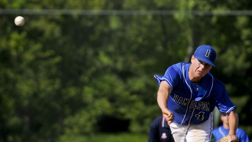 Hamilton’s Patrick McGuff hurls a pitch during their D-I sectional baseball game against Mason Thursday,May 17, 2012 at Lakota West High School. Mason defeated Hamilton 7-0 to advance. Photo by Nick Graham