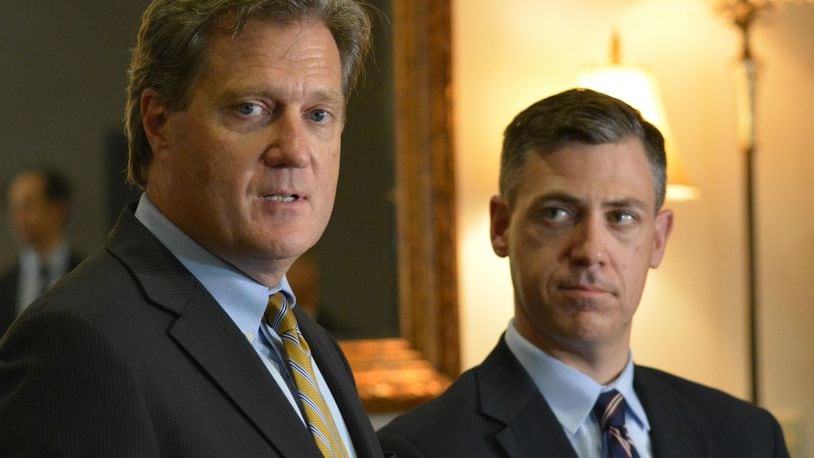 U.S. Rep. Mike Turner, R- Dayton (at left) and U.S. Rep. Jim Banks, R- Columbia City, Indiana, at a press conference at the Hope Hotel Tuesday after touring Wright-Patterson Air Force Base. Both serve on the House Armed Services Committee. JIM OTTE/STAFF