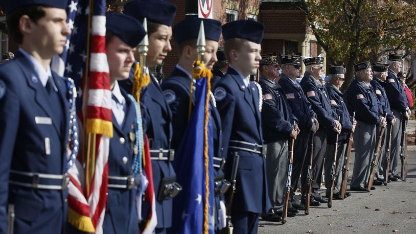 Air Force Junior ROTC cadets from Fairborn High School join American Legion Post 526 honor guards at a Veterans Day Ceremony. FILE PHOTO