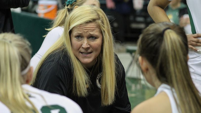 Wright State women's basketball coach Kari Hoffman talks to her team during a timeout in a game vs. Cleveland State. Wright State Athletics photo