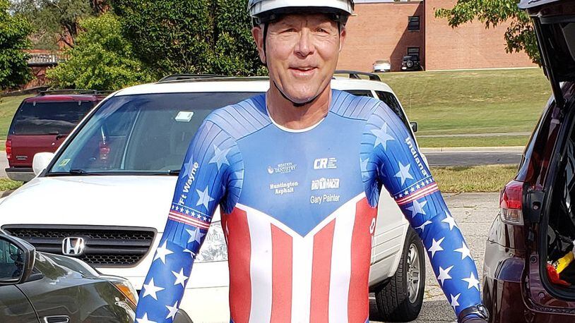 Dr. Gary Painter, a dentist from Fort Wayne, Ind., poses in his 2019 United States Time Trial Champion (age 60-65) kit before finishing second in the Aug. 13 Blue Streak Time Trial at Wright-Patterson Air Force Base. (Contributed photo/Chuck Smith)