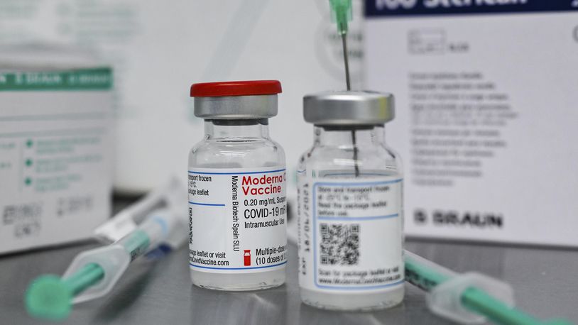Small bottles containing Moderna's active ingredient for a Corona vaccination are pictured at the vaccination centre in Eberswalde, Germany, Wednesday, Jan. 27, 2021. (Patrick Pleul/dpa via AP)