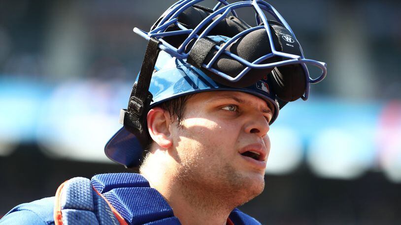 Mets catcher Devin Mesoraco looks on against the Washington Nationals during their game at Citi Field on July 15, 2018 in New York City. (Photo by Al Bello/Getty Images)