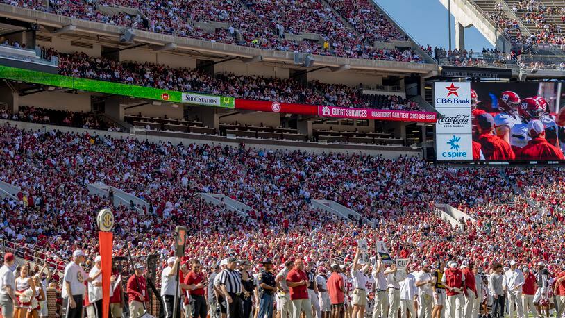 Fans fill much of the stadium during Alabama's first NCAA college football spring game under new head coach Kalen DeBoer, Saturday, April 13, 2024, in Tuscaloosa, Ala.