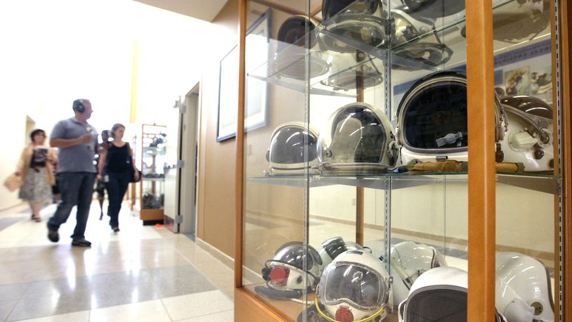 A history of Air Force space flight helmets is on display in the Air Force Research Lab’s 711th Human Performance Wing at Wright-Patterson Air Force Base. TY GREENLEES / STAFF