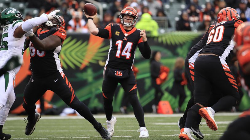 CINCINNATI, OHIO - DECEMBER 01: Andy Dalton #14 of the Cincinnati Bengals throws a pass during the game against the New York Jets at Paul Brown Stadium on December 01, 2019 in Cincinnati, Ohio. (Photo by Andy Lyons/Getty Images)
