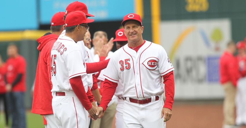 Reds bench coach Jim Riggleman is introduced on Opening Day on March 30, 2018, at Great American Ball Park in Cincinnati. David Jablonski/Staff