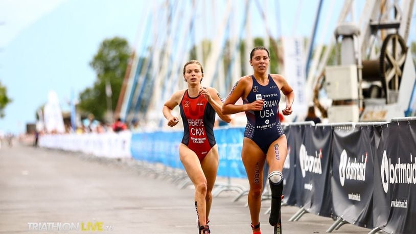 Grace Norman (right) won the bronze medal at the ITU (International Triathlon Union) World Championship in Lausanne, Switzerland on Sept. 1, 2019/ Tommy Zaferes/ITU Media