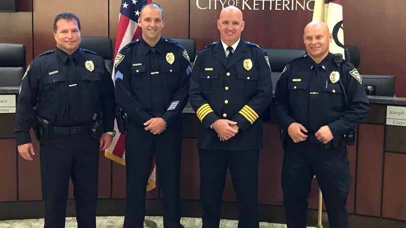 Left to right: Sgt. Chris Murray, Sgt. Ben Charles, Police Chief Chip Protsman and Lt. Brad Lambert at a promotions ceremony for the Kettering Police Department on Monday. CONTRIBUTED