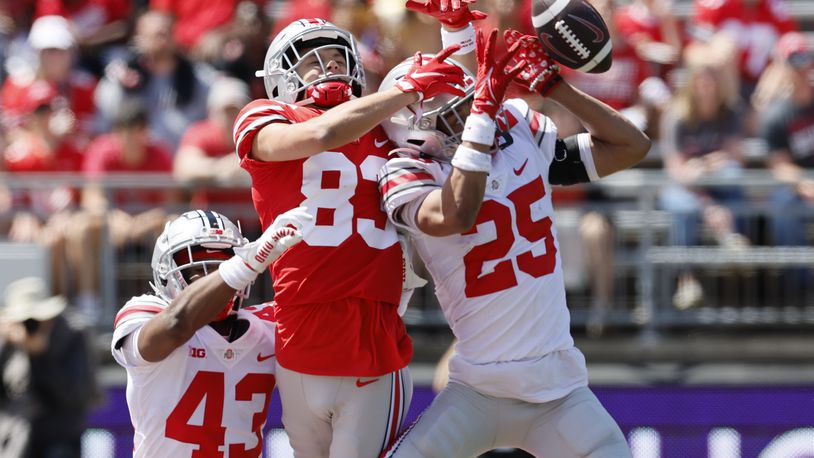 Ohio State defensive back Malik Hartford, right, breaks up a pass intended for receiver Joop Mitchell during the team's spring NCAA college football game Saturday, April 15, 2023, in Columbus, Ohio. (AP Photo/Jay LaPrete)