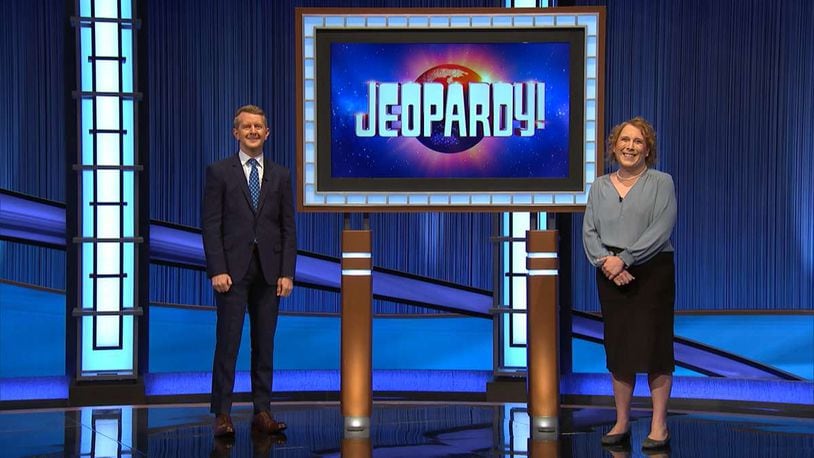 "Jeopardy!" host Ken Jennings with Dayton native Amy Schneider.