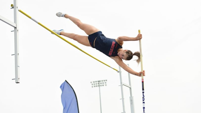 Taylor Robertson placed second in the pole vault at the Atlantic 10 Indoor Championships last season, just before the COVID-19 pandemic shut down the outdoor season last year and the indoor season early this year. The UD junior out of Wayne High is back competing again and her positon coach with the Flyers, Aaron Gordon, said: “She hasn’t even touched her potential yet.  Once she gets going again, she’s going to do some crazy stuff.” (Contributed Photo)
