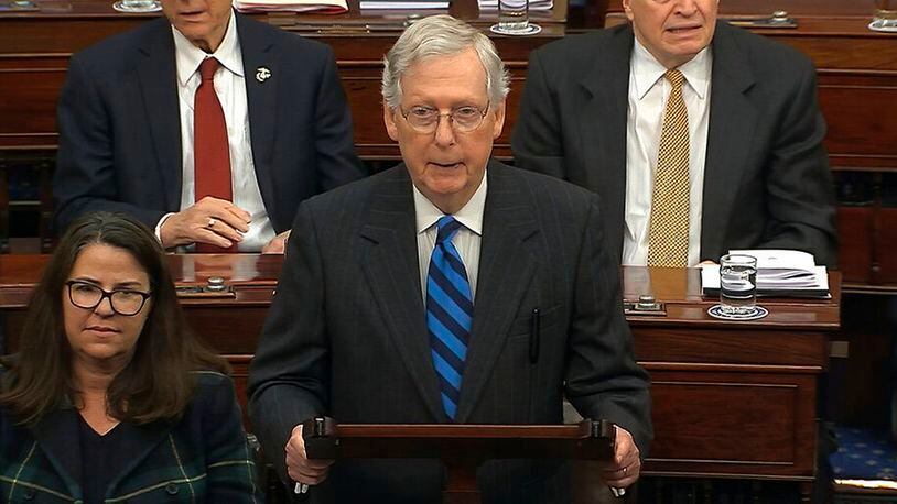 In this image from video, Senate Majority Leader Mitch McConnell, R-Ky., speaks during the impeachment trial against President Donald Trump in the Senate at the U.S. Capitol in Washington, Thursday, Jan. 30 2020. (Senate Television via AP/AP)