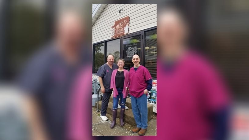 The front of Mug & Brush barbershop, Farmersville. Left to right are Jim Erisman, Brittany Denny and Gary Keener. CONTRIBUTED