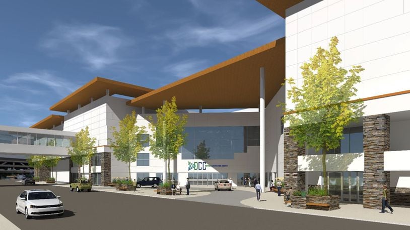 A potential redesign of the Dayton Convention Center exterior may remove the current circular structure at the front entrance and add a roof, as seen in this rendering. LWC INC.