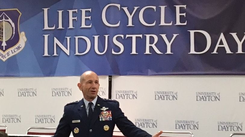 Air Force Gen. James Holmes, the top general at Air Combat Command, speaks at the Air Force Life Cycle Management Center Industry Days on Wednesday at the University of Dayton Research Institute. BARRIE BARBER/STAFF