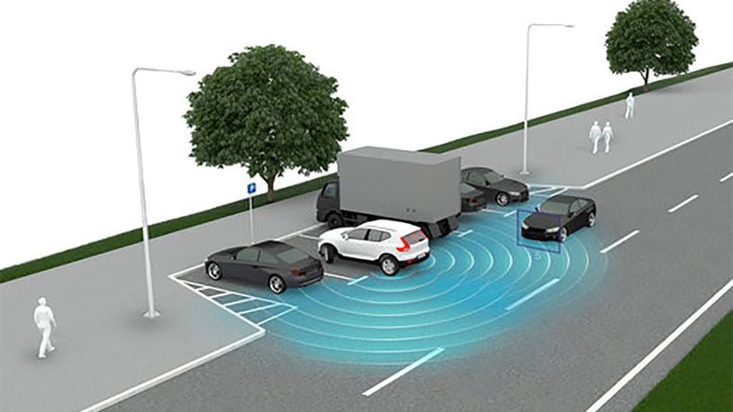 This graphic provided by Volvo shows how a rear cross-traffic system spots oncoming vehicles. New cars can come laden with safety technology, some that warns you and some that also takes action to protect you. (Courtesy of Volvo Car Corp. via AP)