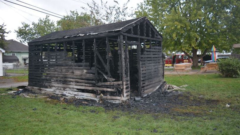 This detached garage in the 900 block of Malvern Street was destroyed by an arson fire Sunday afternoon, fire officials said. CONTRIBUTED