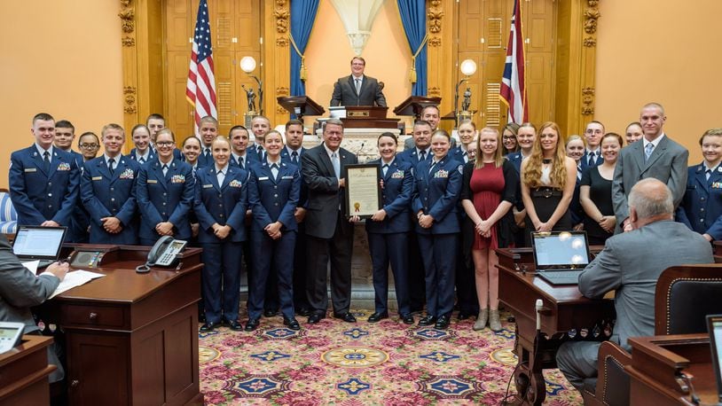 Sen. Steve Wilson (R-Maineville) offered a resolution to the Springboro High School JROTC Drill Team as the 33rd annual Air Force JROTC Drill Meet State and the All-Service National High School Drill Team Champions. Center right: Brittany Massey. Far right in gray suit: Tyler Johannssen. CONTRIBUTED