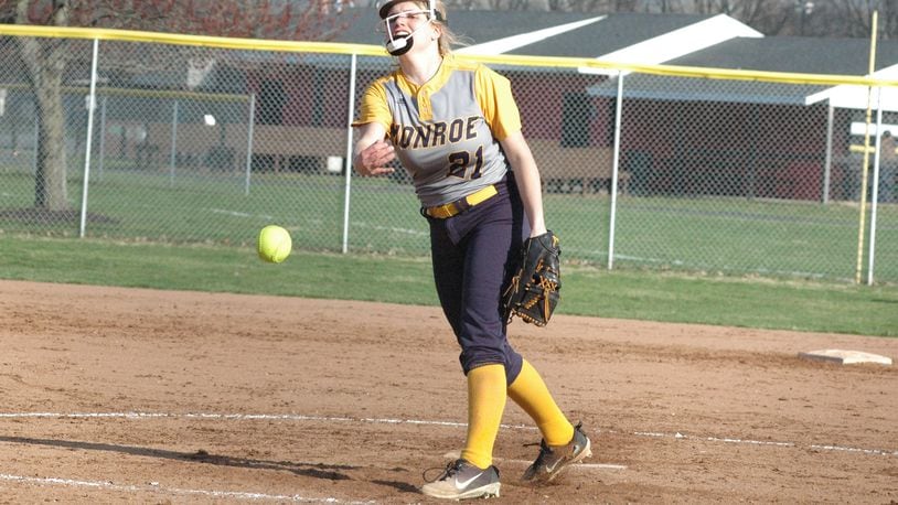 Monroe's Alyssa Wagner throws a pitch during Friday's 3-0 softball victory over Franklin at Franklin Community Park. RICK CASSANO/STAFF