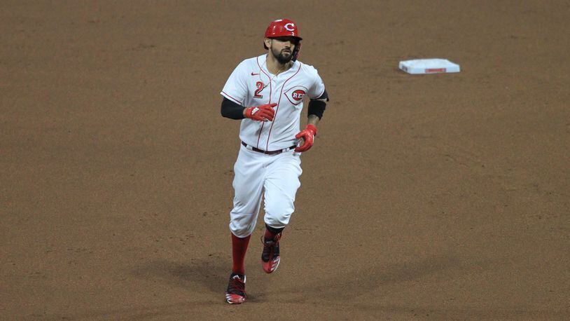 Nick Castellanos, of the Reds, rounds the bases after a home run against the Indians on Monday, Aug. 3, 2020, at Great American Ball Park in Cincinnati.