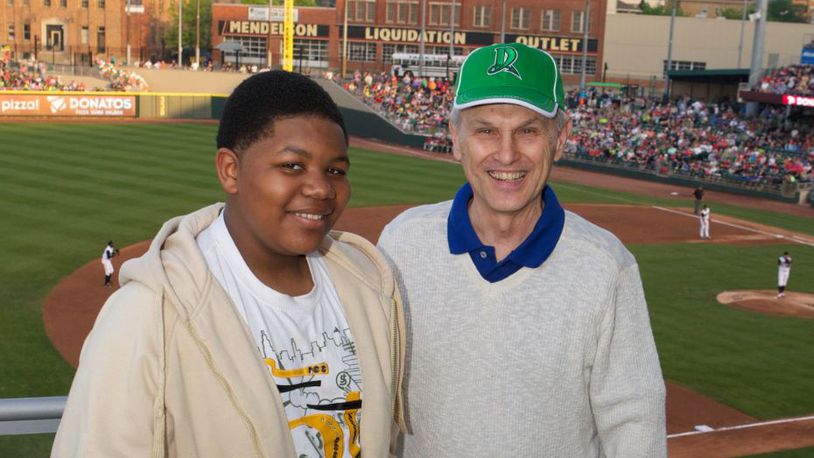 “Big” Joe Radelet and his “little” Dior attend a Dayton Dragons game. CONTRIBUTED
