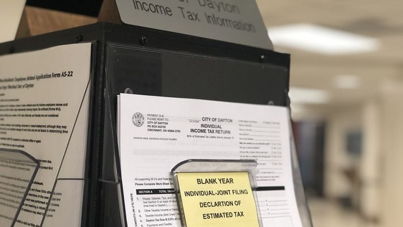 City of Dayton income tax forms at City Hall. Today is Tax Day. CORNELIUS FROLIK / STAFF