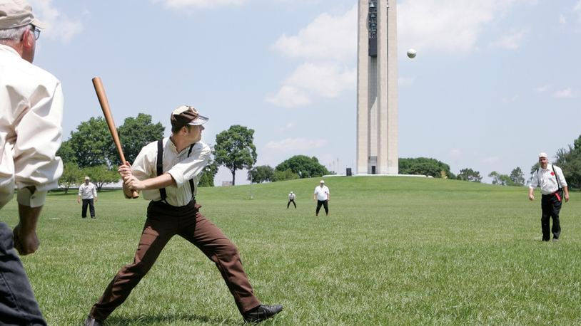 Nate “Frenchie” Buckner, playing for the Clodbusters Base Ball Club, hits a triple in the first inning as they play against the Mansfield Independents. The vintage base ball game was played at Carillon Historical Park, in Dayton.