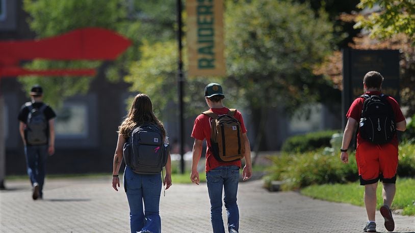 Wright State students walk to classes Wednesday Aug. 24, 2022. President Joe Biden is set to announce $10,000 federal student 
loan cancellation for many.  MARSHALL GORBY\STAFF PHOTO