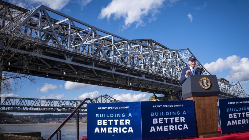 FILE -- President Joe Biden delivers remarks at the Brent Spence Bridge, which connects Kentucky to Ohio, in Covington, Ky., Jan. 4, 2023. Biden has relished the unveiling of new infrastructure projects like a long-awaited replacement for the bridge. (Pete Marovich/The New York Times)