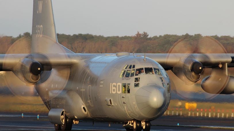 FCHB1H The US Navy C-130T (165160) taxis out for departure at Prestwick International Airport. Collins image
