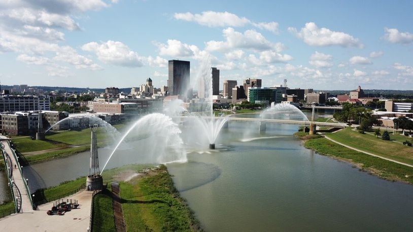 Downtown Dayton is seen past RiverScape MetroPark on a beautiful day in August. JAROD THRUSH / STAFF