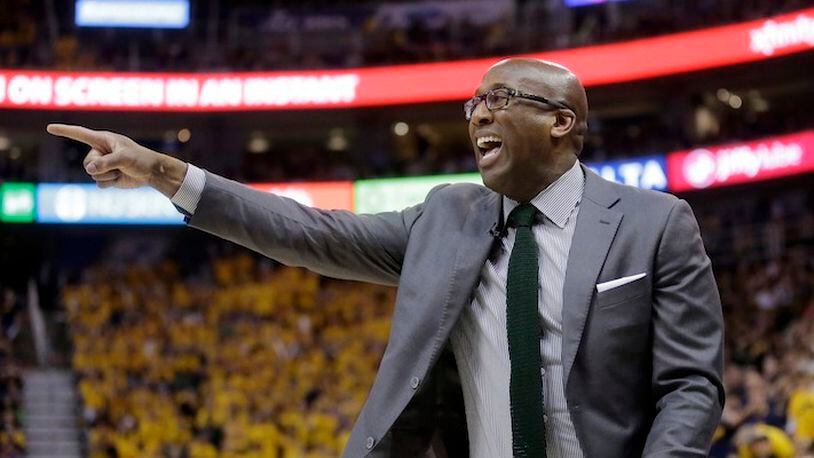 Golden State Warriors interim head coach Mike Brown shouts to his team in the second half during Game 3 of the NBA basketball second-round playoff series against the Utah Jazz Saturday, May 6, 2017, in Salt Lake City. Warriors won 102 - 91. (AP Photo/Rick Bowmer)