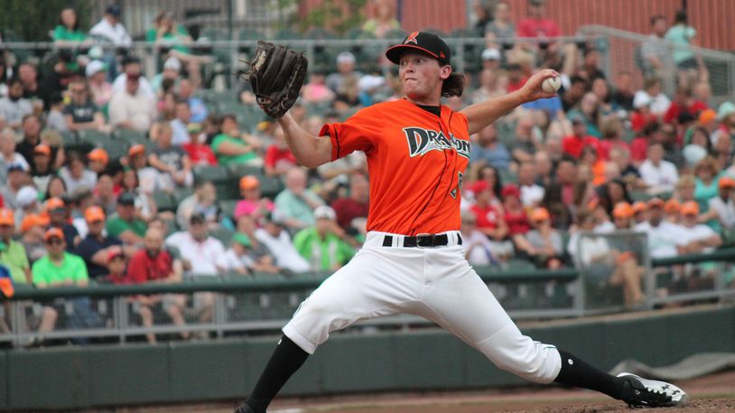Dragons starter Packy Naughton scattered seven hits over 5 1/3 innings against the Lansing Lugnuts, but only allowed one run in his latest start at Fifth Third Field, Friday, June 1, 2018. Nick Dudukovich/CONTRIBUTED
