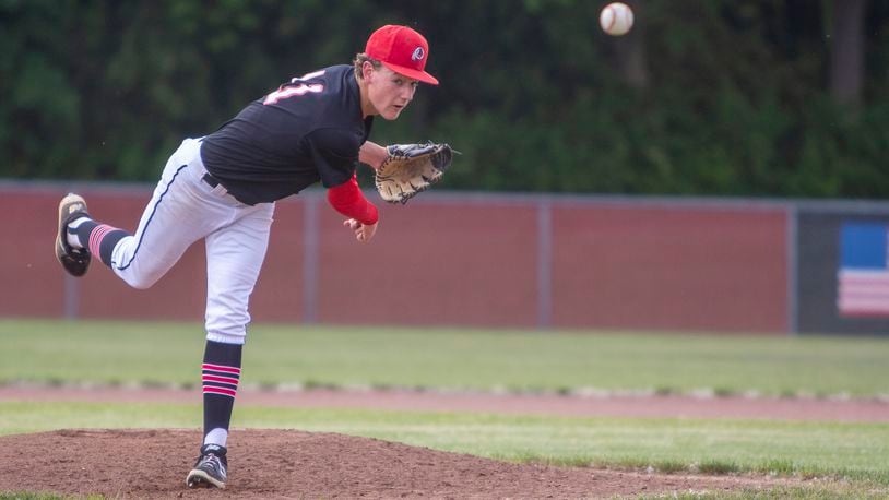 Cedarville junior Caden McKinion held Dayton Christian to two hits and struck out seven Monday to lead the Indians to a 10-0 victory in a Division IV district semifinal. Jeff Gilbert/CONTRIBUTED