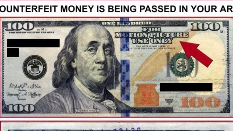 A counterfeit $100 bill.