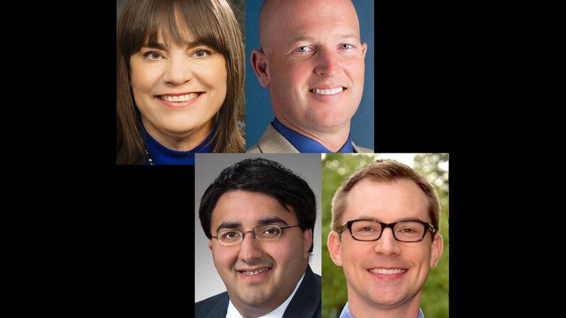 ABOVE: Carolyn Rice, a Democrat, and Republican Doug Barry will face each other in November for an open Montgomery County Commission seat. BELOW: State Rep. Niraj Antani, R-Miamisburg, left, and Democrat Zach Dickerson, also of Miamisburg, are facing each other in November for the District 42 seat in the Ohio House. SUBMITTED