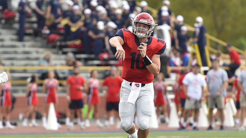 Dayton quarterback Jack Cook tossed four touchdown passes in the Flyers’ win over Butler on Saturday. Erik Schelkun/FILE