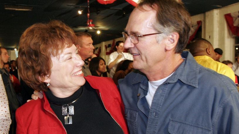 Current Montgomery County Commissioner Judy Dodge and Judge John Pickrel attend a watch party at the Democratic Headquarters in downtown Dayton when Dodge ran for commission in 2008. STAFF FILE