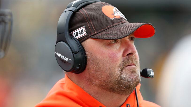 Cleveland Browns head coach Freddie Kitchens works against the Pittsburgh Steelers during an NFL football game, Sunday, Dec. 1, 2019, in Pittsburgh. (AP Photo/Don Wright)