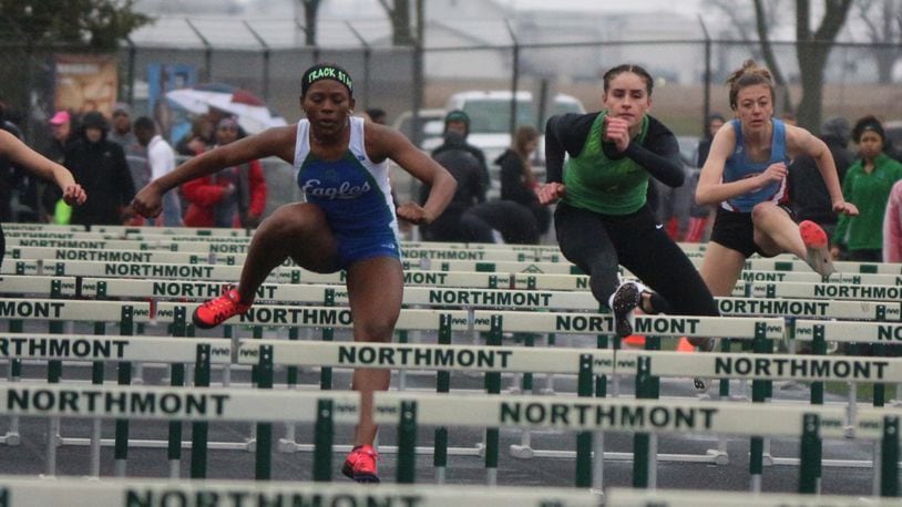 Chaminade Julienne junior Jazmyn Potts (left) won four events at the Jack Lintz Invitational, including the 100-meter hurdles. Potts finished in 15.46 to edge Northmont senior Lelia Hill’s 15.60. Greg Billing / Contributed