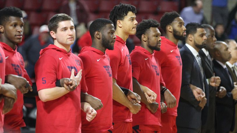 Dayton stands for the national anthem before a game against Massachusetts on Tuesday, Feb. 26, 2019, at the Mullins Center in Amherst, Mass.