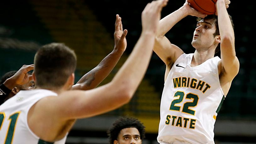 Wright State guard Andrew Welage gets a basket against Youngstown State during a Horizon League game at the Nutter Center in Fairborn Jan. 9, 2021. Wright State won 93-55. Contributed photo by E.L. Hubbard